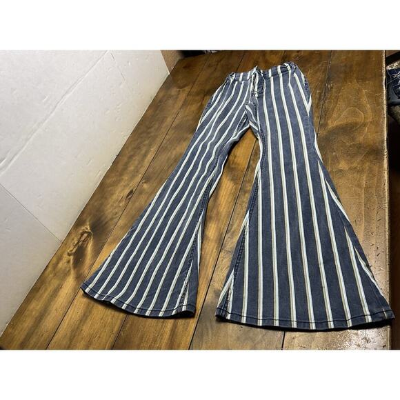 Rock And Roll Denim Girls Bargain Button Bell Bottom Striped Flares Size 16 - Picture 1 of 9
